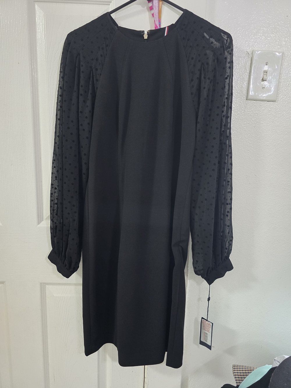 Tommy Black Long Sleeve Shift Dress with Sheer Polka Dot Sleeves
